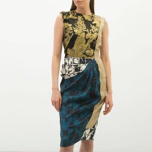Dries Van Noten Black and Gold Textured Fabric Patchwork Dress size 36